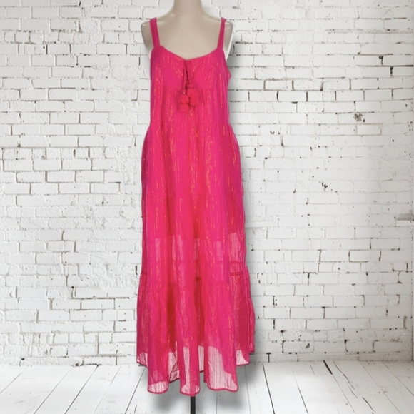 Karina Grimaldi Belle Maxi Dress in Hot Pink Cherry Metallic Summer Vacation - Picture 2 of 10